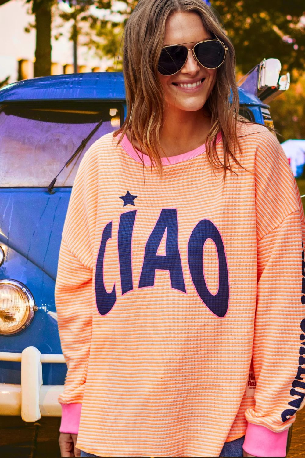 Ciao Stripe Waffle Top | Orange/White