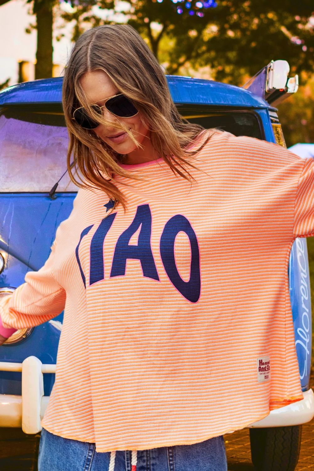Ciao Stripe Waffle Top | Orange/White