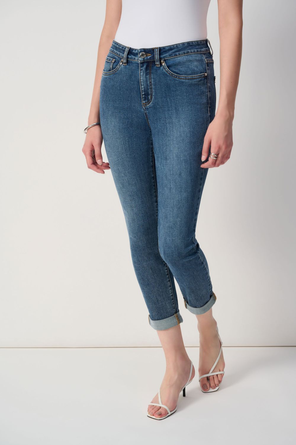 Slim Fit Cropped Jeans With Rolled Hem | Denim Medium Blue