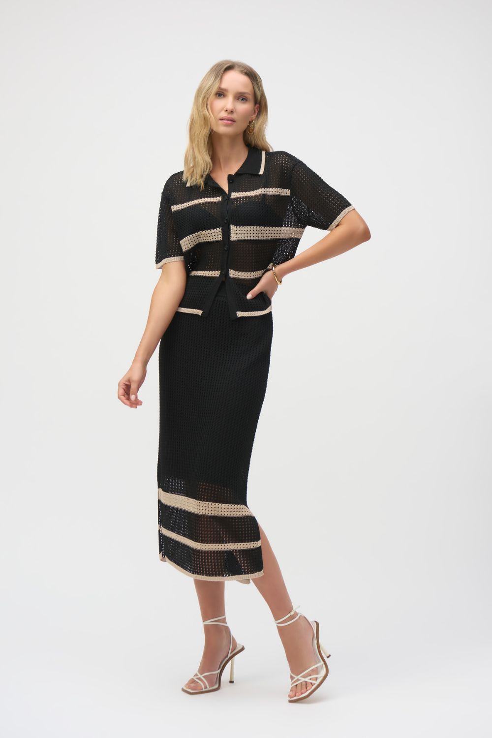 Sweater Knit Open Stitch Stripe Skirt | Black/Parchment