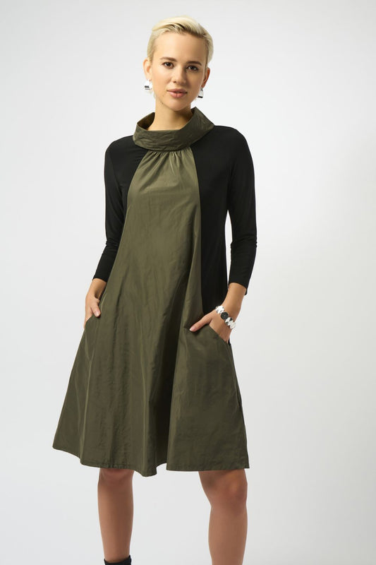 Silky Knit & Memory Colour Block Dress | Black/Avocado