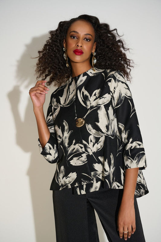 Print Jacquard Floral Print Swing Jacket | Black/Off-White
