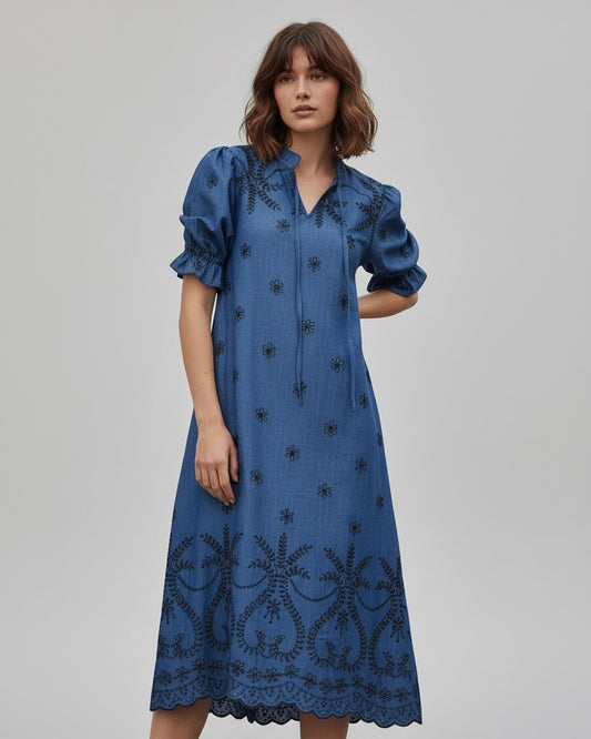 Denim Embroidered Dress | Mid Denim