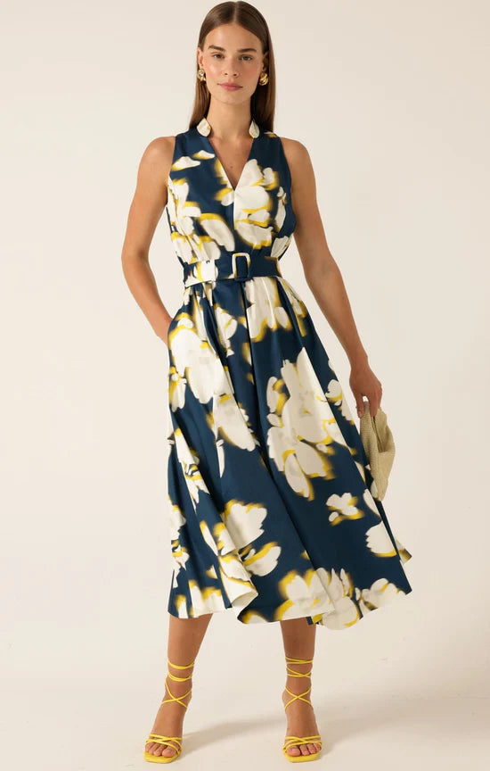 Simone Midi Dress | Navy Yellow Flower