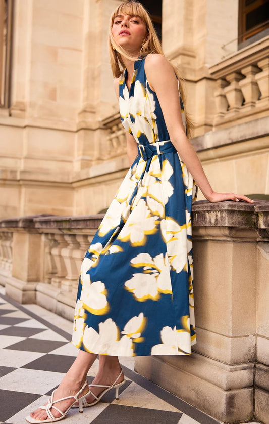 Simone Midi Dress | Navy Yellow Flower