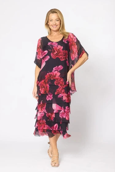 Silk Blend Multi Layer Dress | Navy Pink