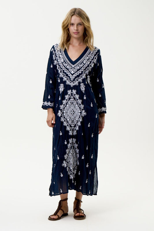 Long Goa Dress | Navy/White Embroidery