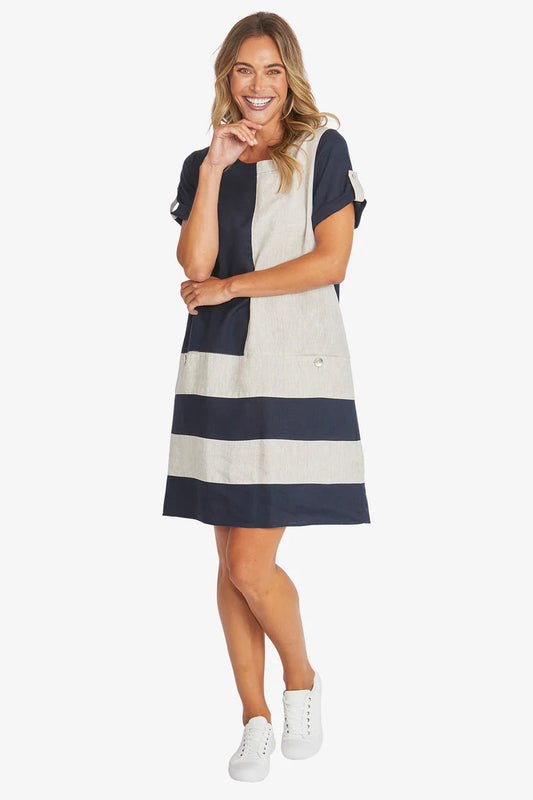 Colour Block Linen Dress | Navy/Raffia