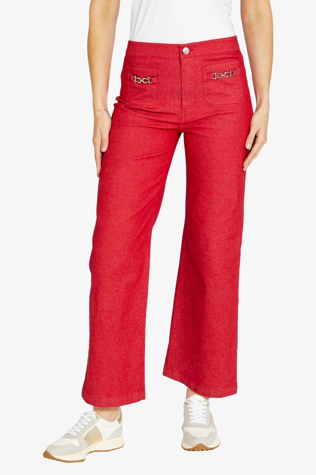 Wide Leg Chain Trim Pant | Red