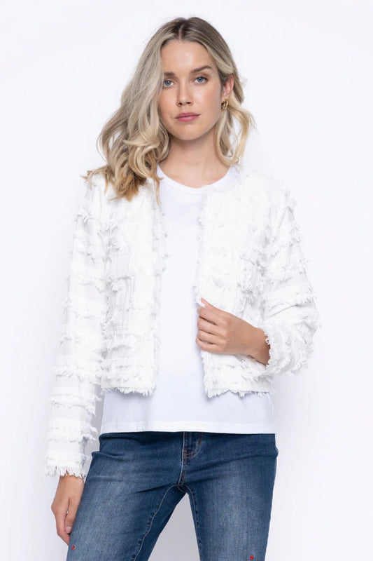 Collarless Fringed Jacket | White