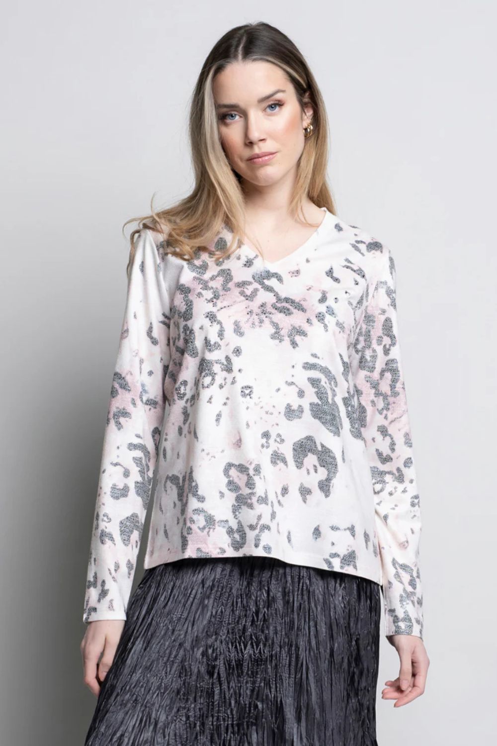 Embellished V-Neck Printed Top | Pink Multi