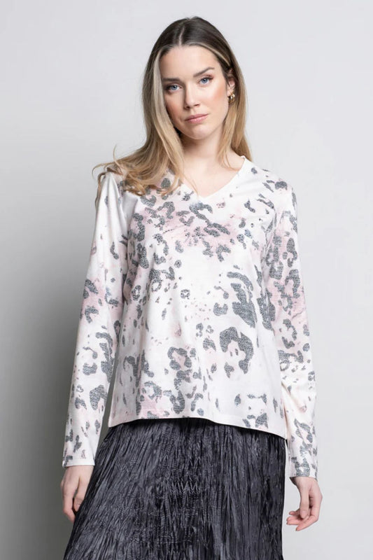 Embellished V-Neck Printed Top | Pink Multi
