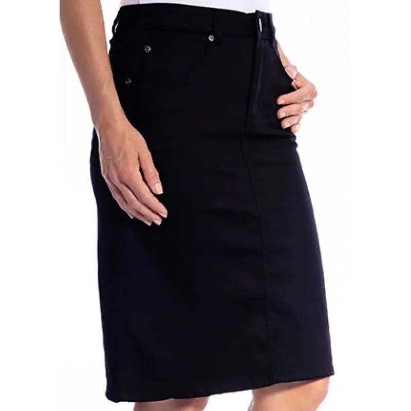 Black denim skirt clearance zip front