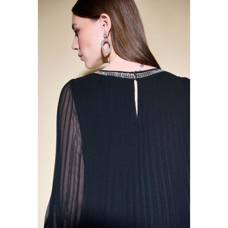 Pleated Chiffon Trapeze Dress | Black-Joseph Ribkoff-Shop 12 Bendigo