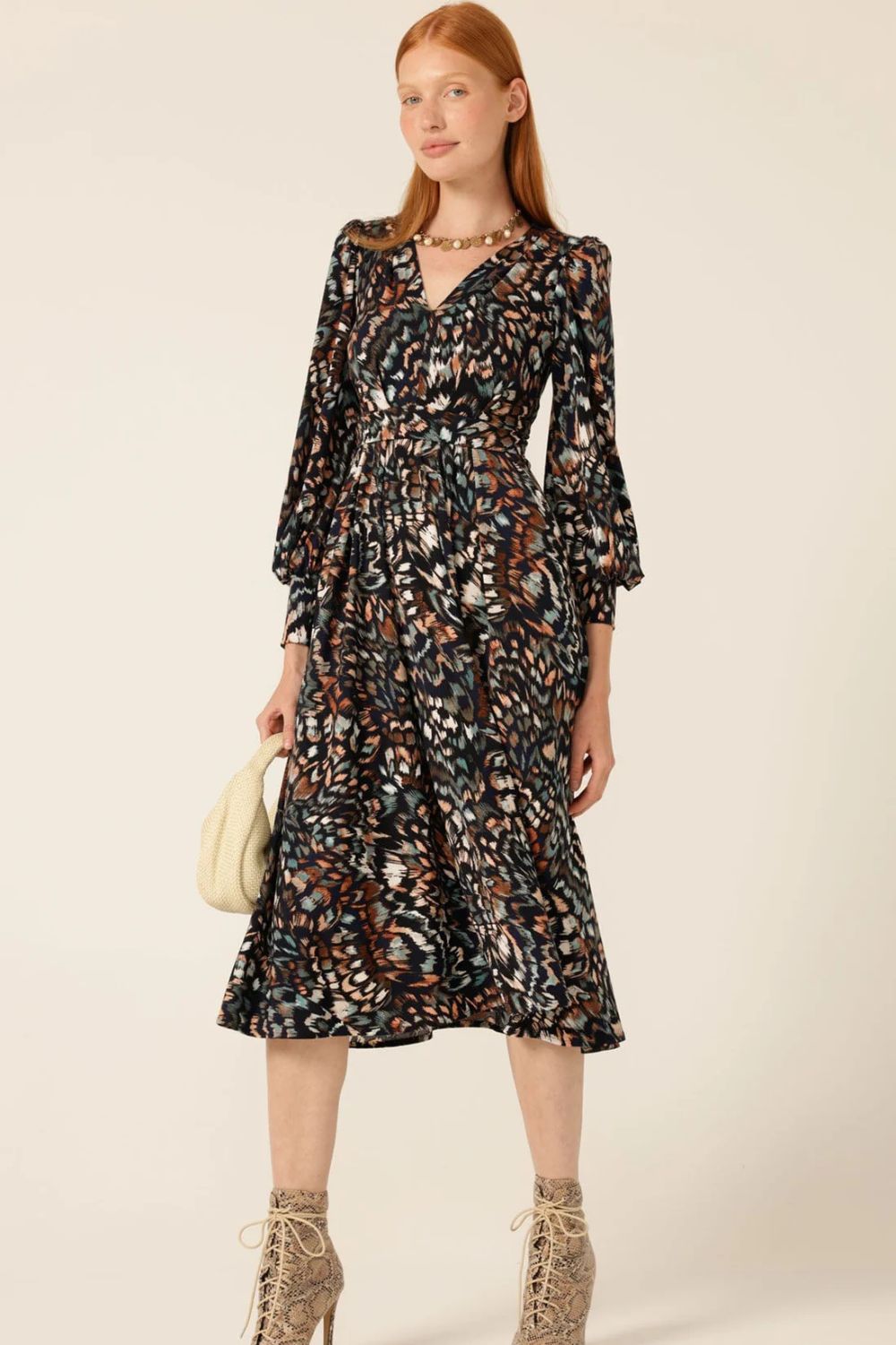 Yvonne Midi Dress | Navy/Brown Feather