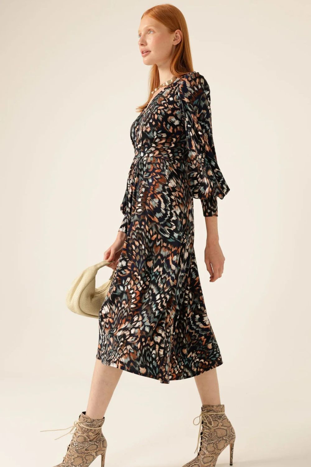 Yvonne Midi Dress | Navy/Brown Feather