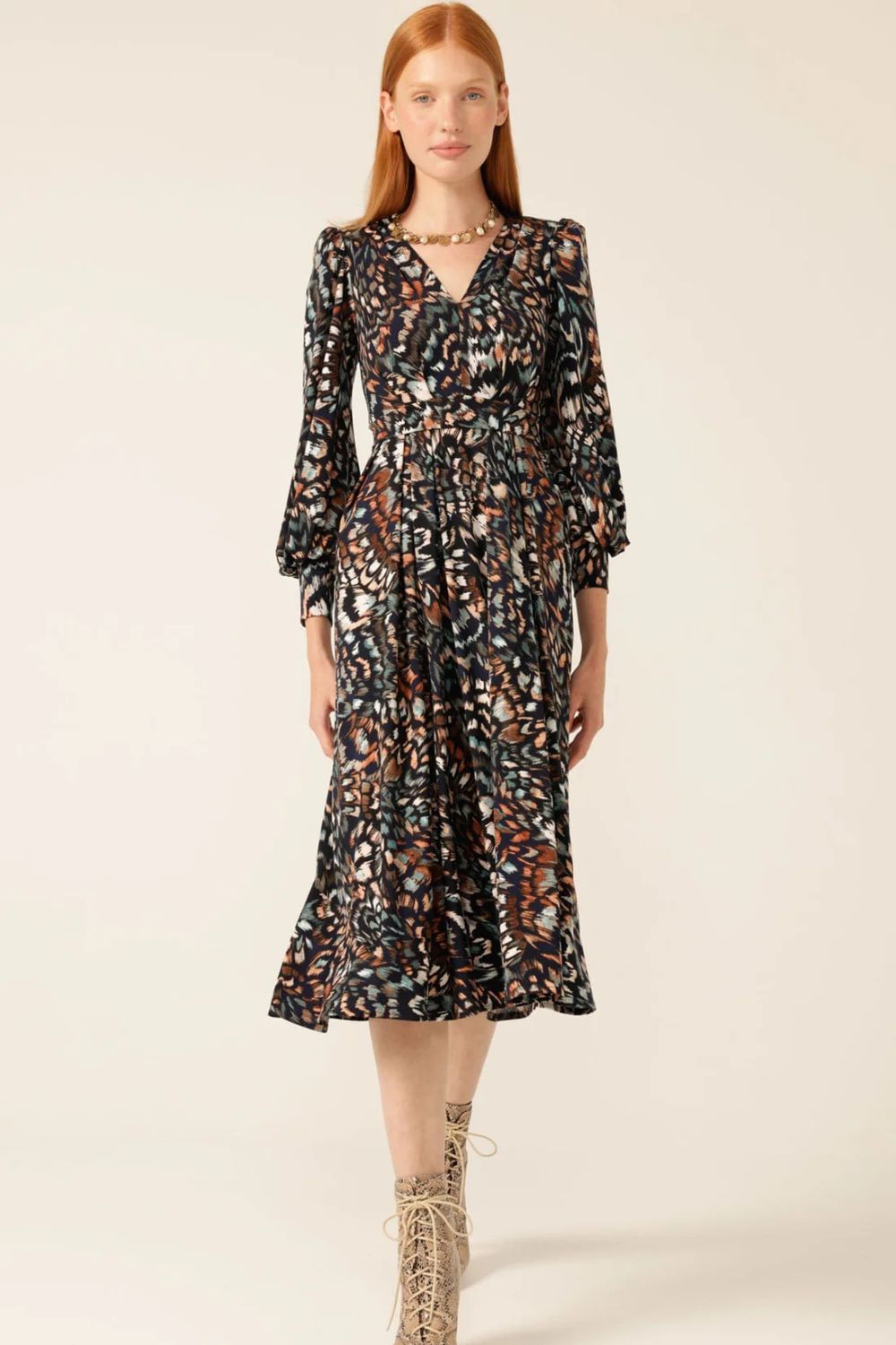 Yvonne Midi Dress | Navy/Brown Feather