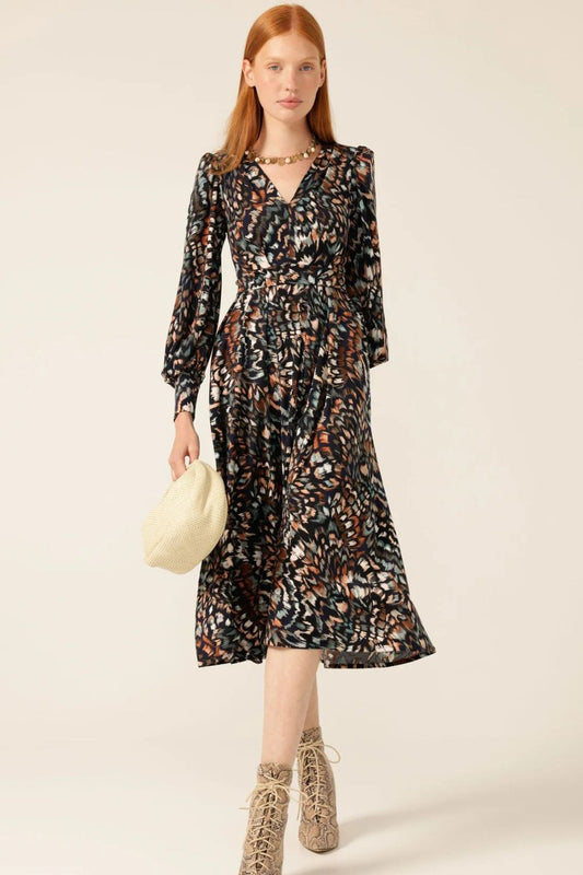 Yvonne Midi Dress | Navy/Brown Feather