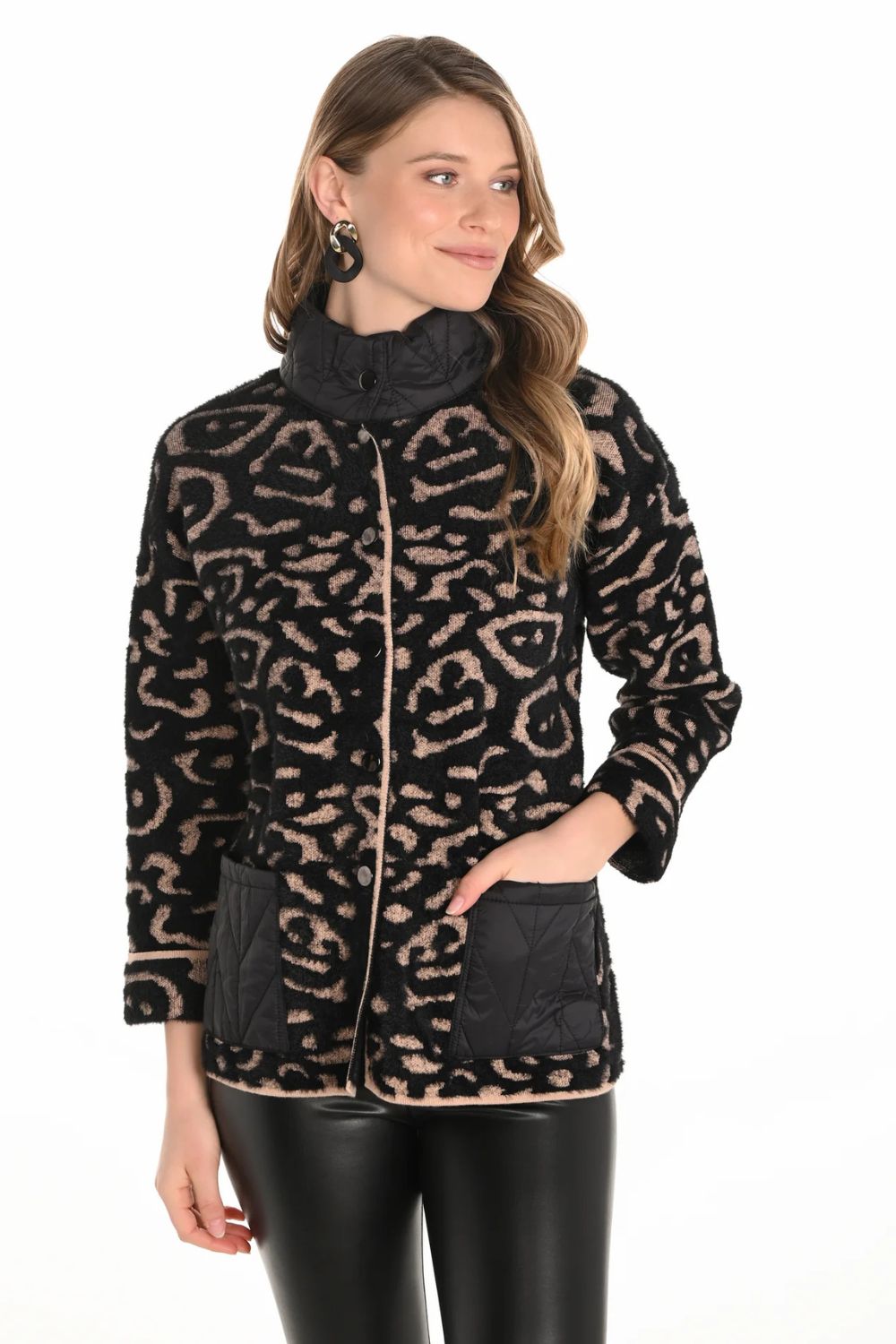 Animal Knit Jacket With Quilted Pockets | Black Beige