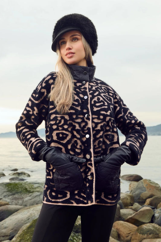 Animal Knit Jacket With Quilted Pockets | Black Beige