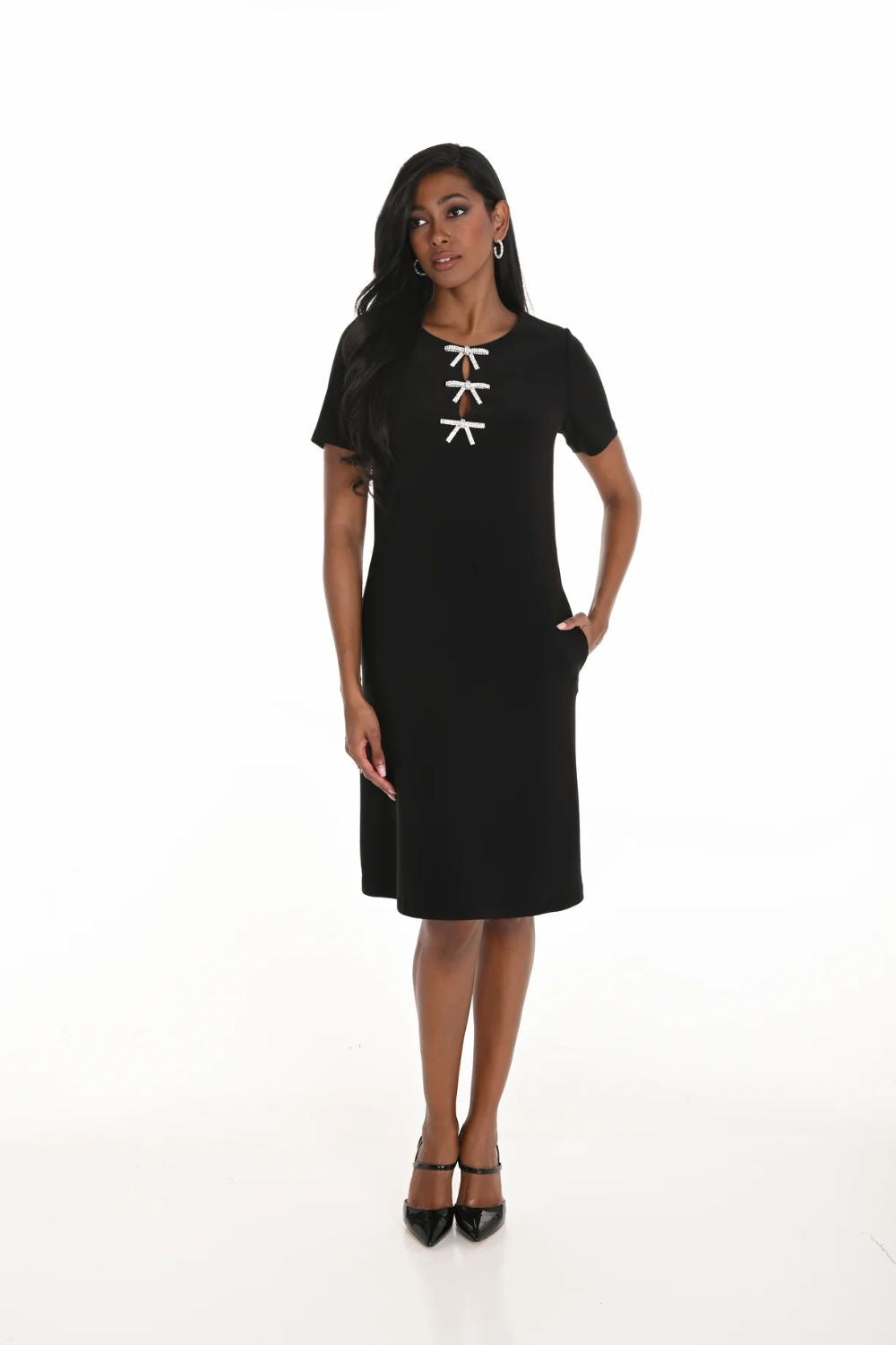 Knee Length S/S Bow Dress | Black