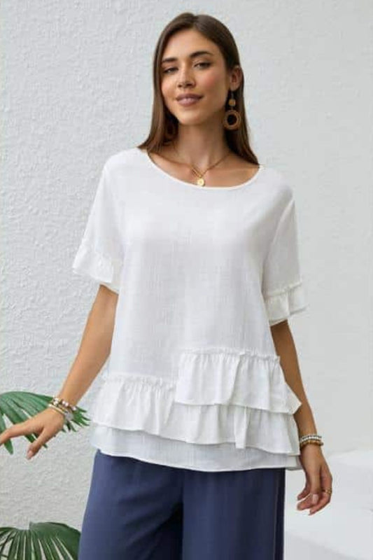 Ruffle Short Sleeve Top  | White