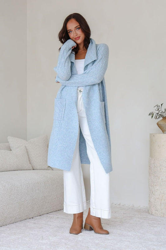 Cabled Long Cardi | Powder Blue
