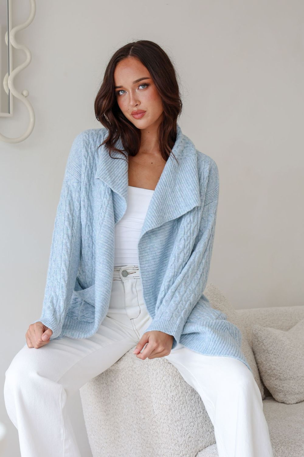 Cabled Long Cardi | Powder Blue