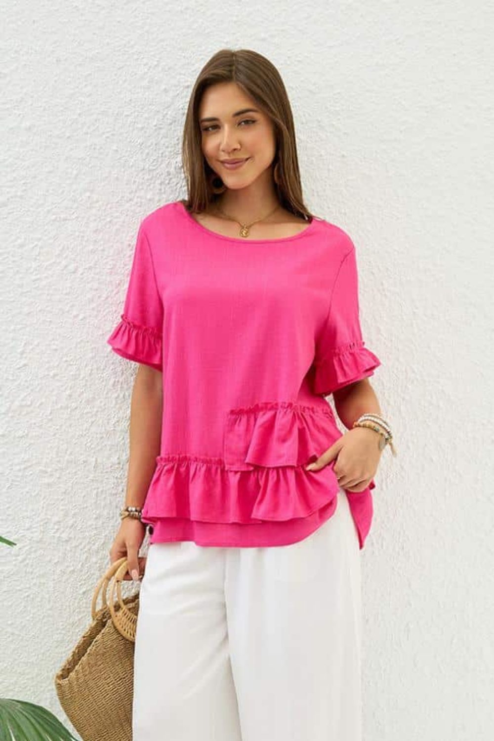 Ruffle Short Sleeve Top  | Hot Pink