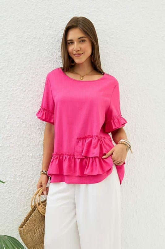 Ruffle Short Sleeve Top  | Hot Pink