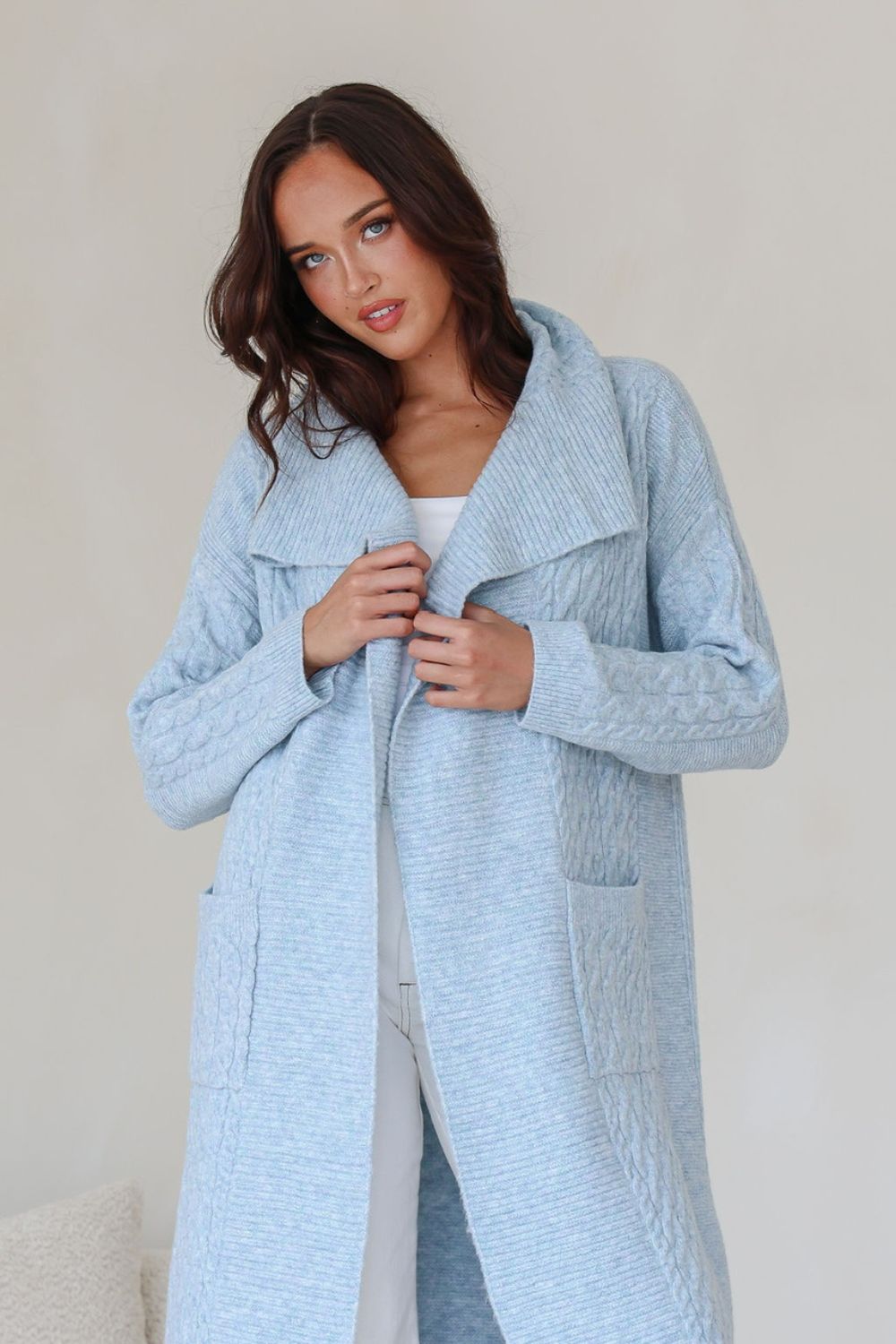 Cabled Long Cardi | Powder Blue