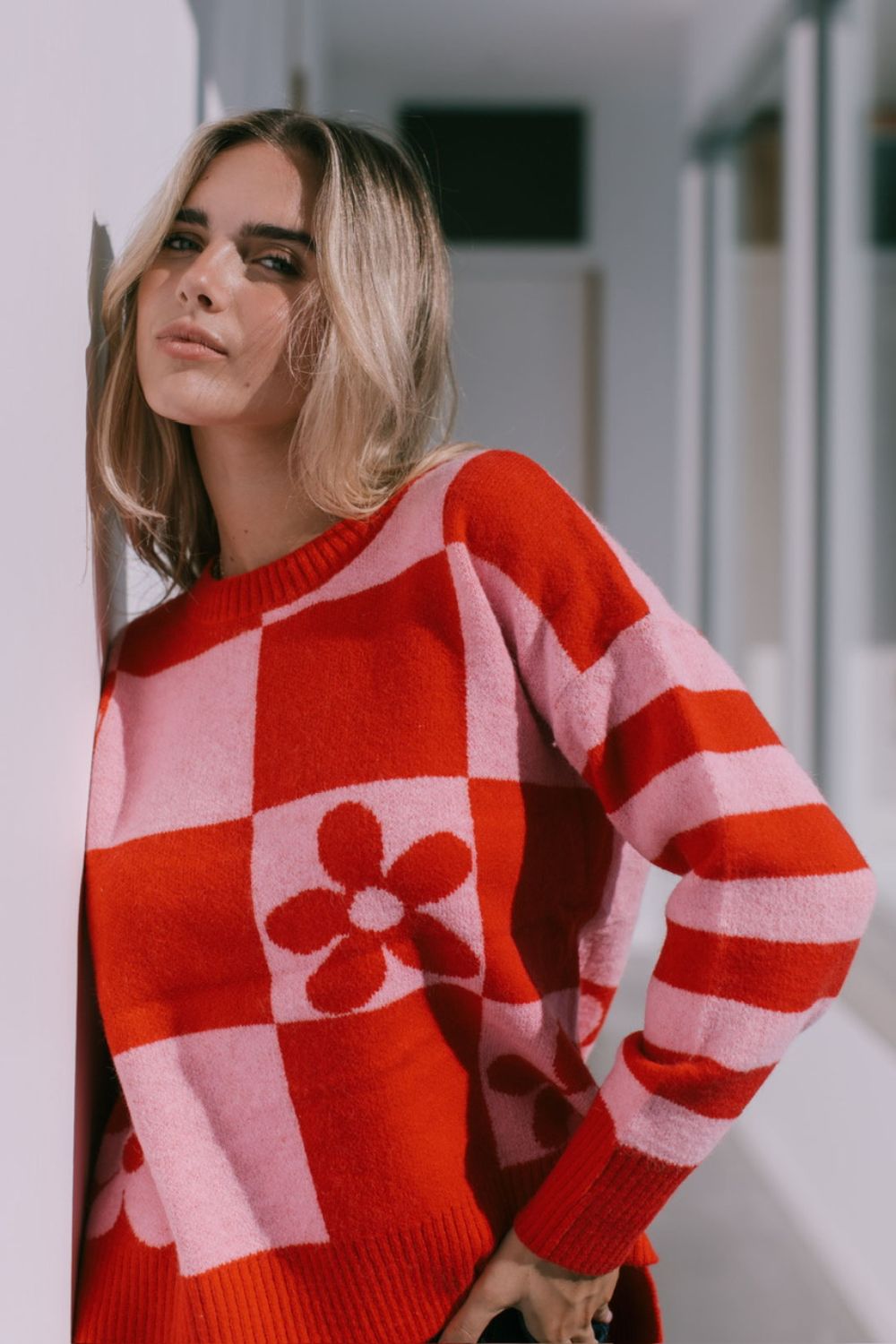 Daisy Block Knit | Red/Pink