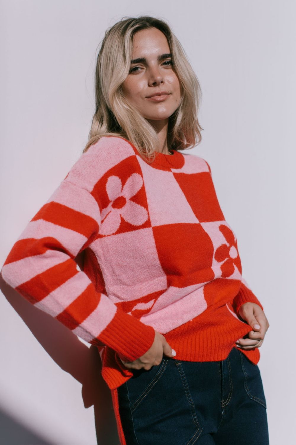 Daisy Block Knit | Red/Pink