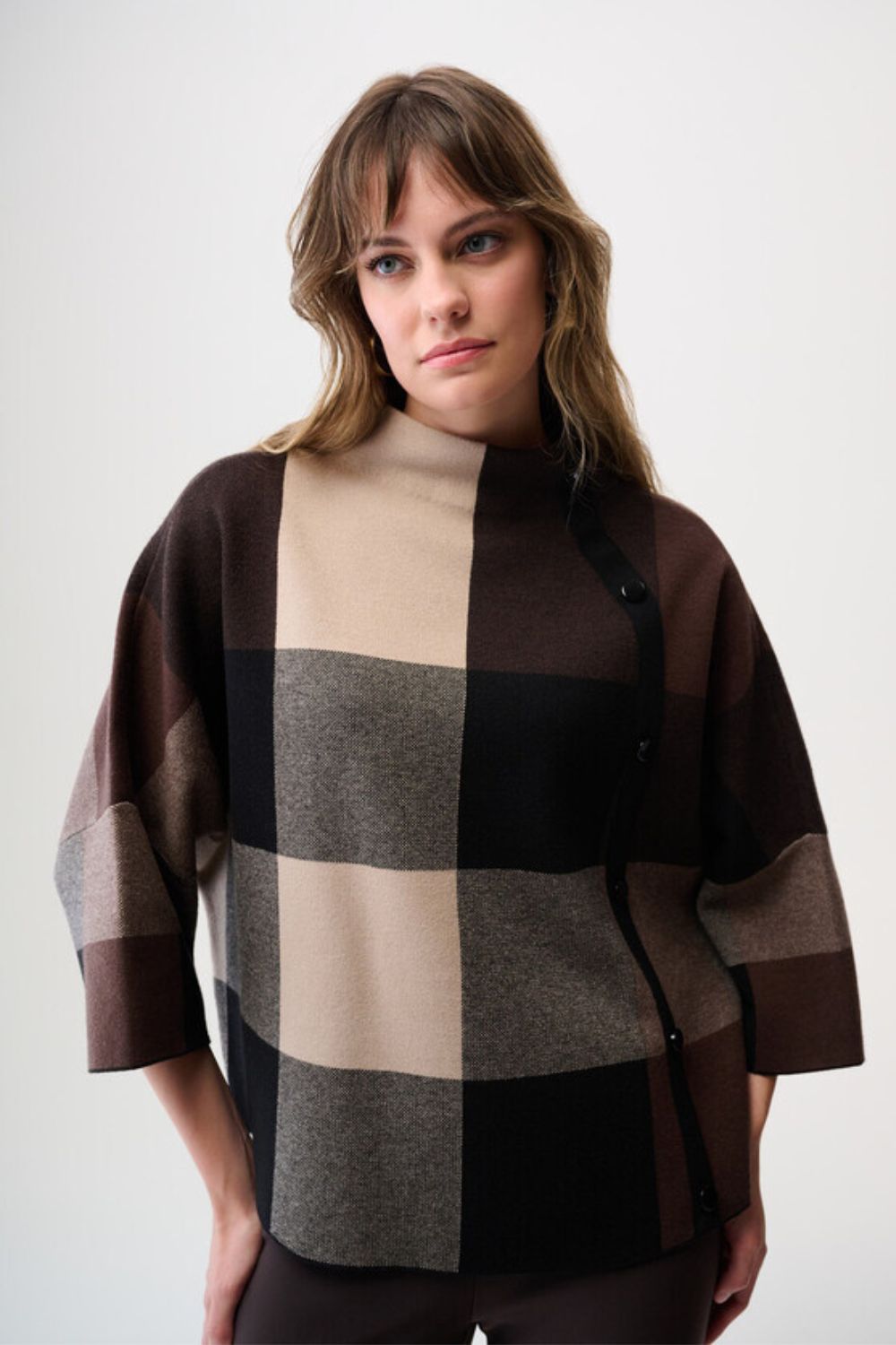Checkered Mock Neck Sweater | Mocha/Black