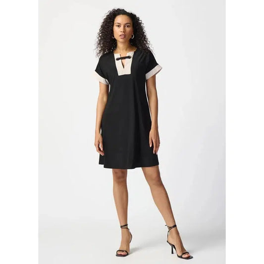 Silky Knit Block A-Line Dress | Black/Moonstone-Joseph Ribkoff-Shop 12 Bendigo