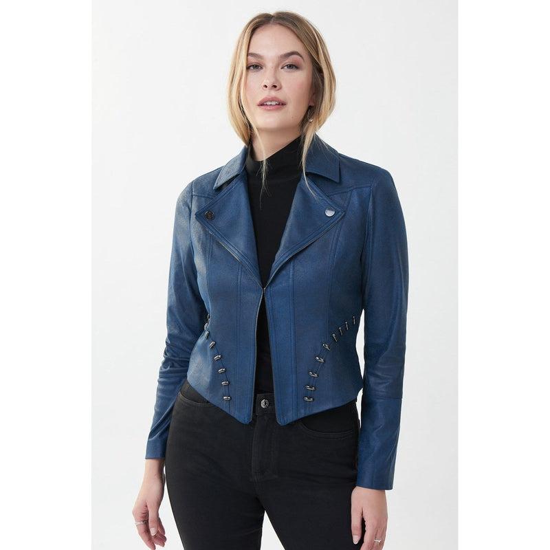 Stud Trim Blue Leatherette Jacket-Joseph Ribkoff-Shop 12 Bendigo