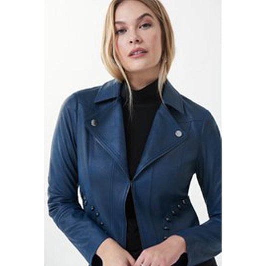 Stud Trim Blue Leatherette Jacket-Joseph Ribkoff-Shop 12 Bendigo