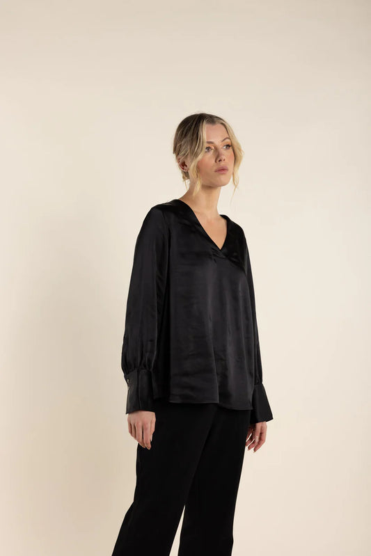 Satin V Neck Top ] Black