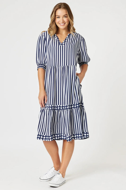 Harlequin Stripe Tier Dress | Navy/White