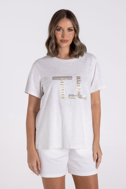 Sequin Logo Tee | White