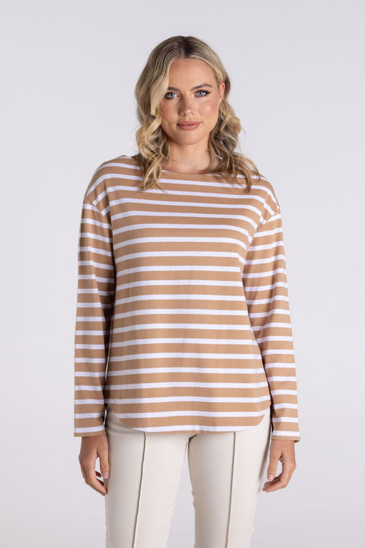 Stripe Boat Neck Top | Sand/White