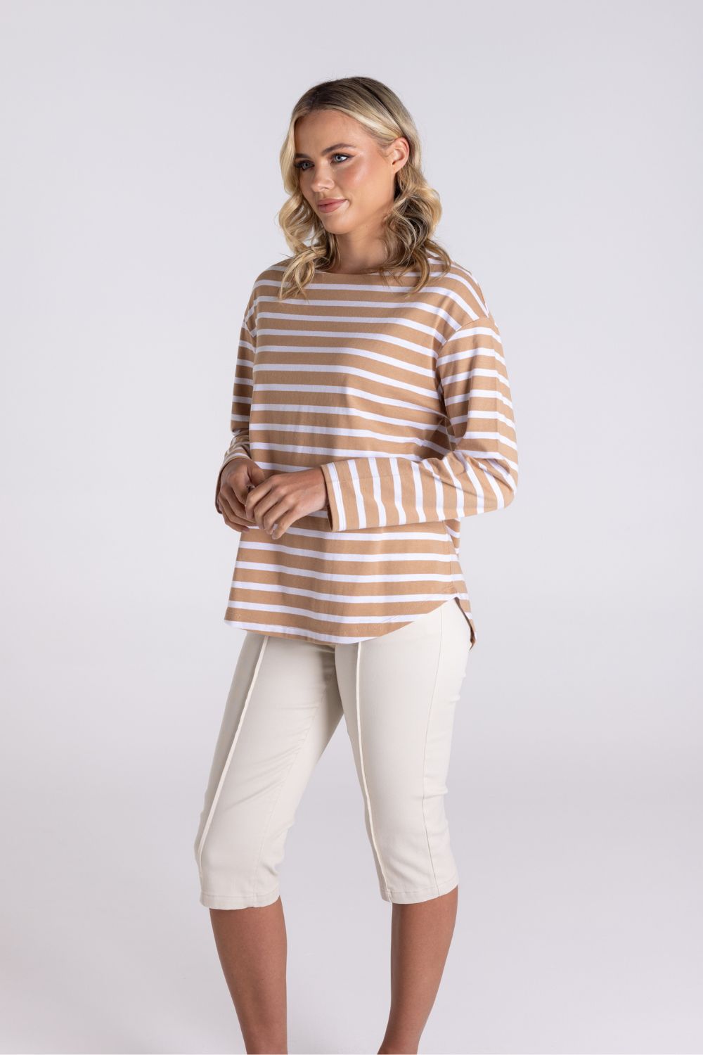 Stripe Boat Neck Top | Sand/White