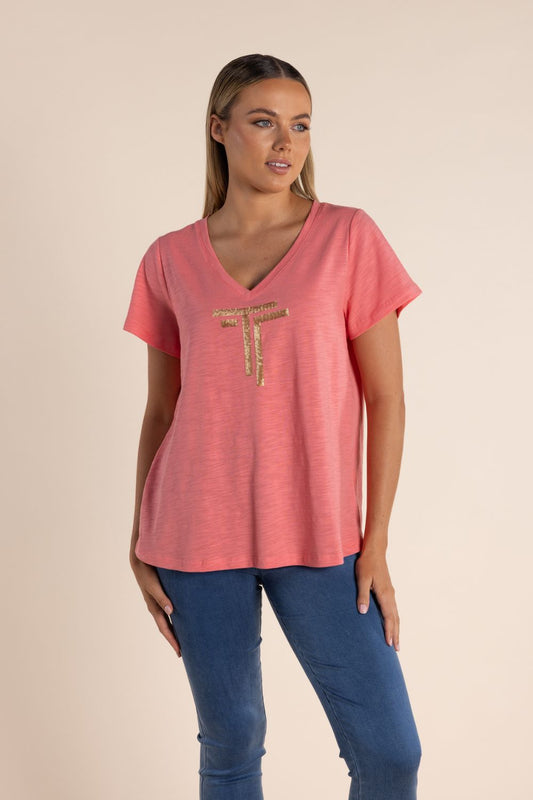 Sequin Logo V-Neck T-Shirt | Coral