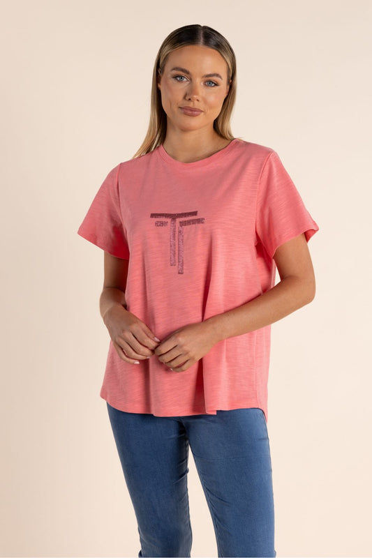 Sequin Logo Crew T-Shirt | Coral