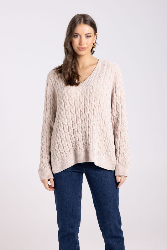 Chenille V Neck Cable Knit | Latte