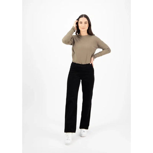 Vassalli Wide Leg Full Length Elastic Waist Pull on Cord Pant | Black-Vassalli-Shop 12 Bendigo