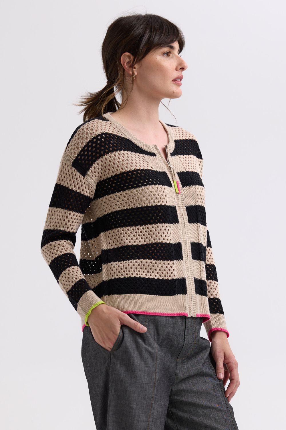 Pointelle Zip Cardi | Latte