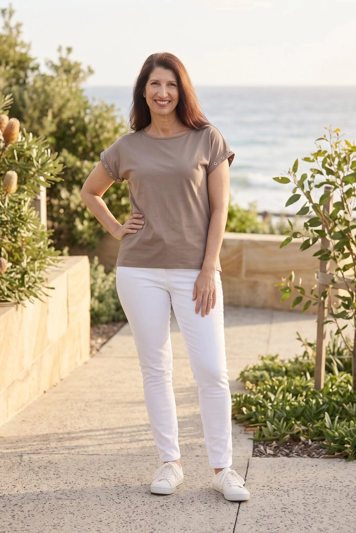 Eyelet Trim Drop Shoulder Tee | Choc