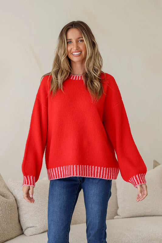 Tilly Blanket Stitch Jumper | Red/Pink