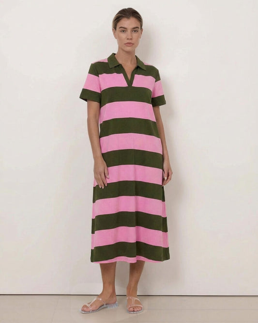 Polo Stripe Dress | Khaki/Pink